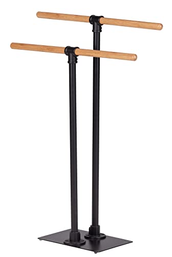 Wenko Portasciugamani Forli, Accessorio Da Bagno Con Due Bracci In Acciaio Laccato Nero, Finitura Opaca In Stile Industriale, Bracci In Bambù Sostenib