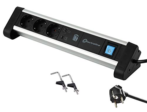 Electraline - 62556, Ciabatta Di Alimentazione Multipla Per Ufficio, Con 3 Prese Schuko + 2 Porte Usb 60 W (1 Tipo C (Power Delivery) Per La Ricarica