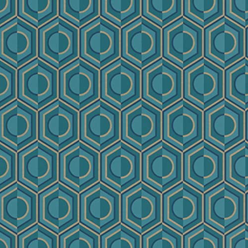 Rasch Carta Da Parati 710144 – Carta Da Parati In Tessuto Non Tessuto Con Design Geometrico In Effetto Retrò, Color Petrolio E Oro, Della Collezione S