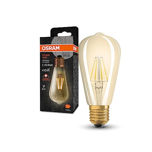 Osram Lampada Led Vintage 1906 Classic Edison Fil, E27, Oro, 4W, 410Lm, 2400K, Luce Bianca Molto Calda, Filamento Magnetico, Basso Consumo Energetico,