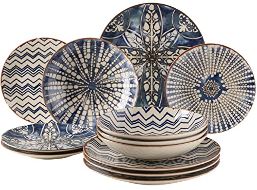 Mäser 934017 Iberico Blue Servizio Da Tavola 12 Pezzi Per 4 Persone In Stile Moresco Set Di Piatti Con Diversi Motivi Vintage In Bianco E Blu, Gres