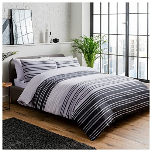 Sleepdown 1 Set Copripiumino Reversibile, Con Motivo A Righe, Colore: Nero, Grigio E Nero, Con Federe, Per Letto Matrimoniale, 200 X 200 Cm