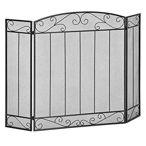 Homcom Parascintille Caminetto Con 3 Pannelli Pieghevoli In Metallo E Acciaio Nero 105X1.6X80.5Cm