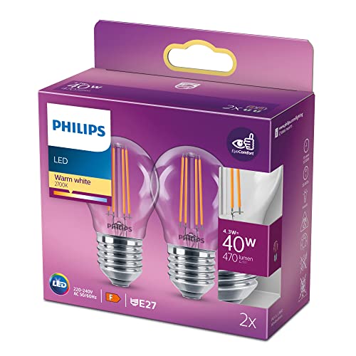 Philips Lampadina Led Sfera Filamento, 4.3W, Attacco E27, Luce Bianca Calda, Non Dimmerabile