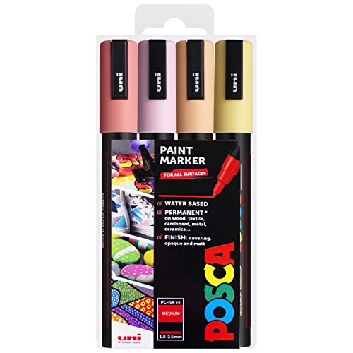 Uni Posca Pc-5 M - Set Di 4 Pennarelli Per Decorazioni Artistiche, Con Custodia In Plastica, Colori Caldi Pastello