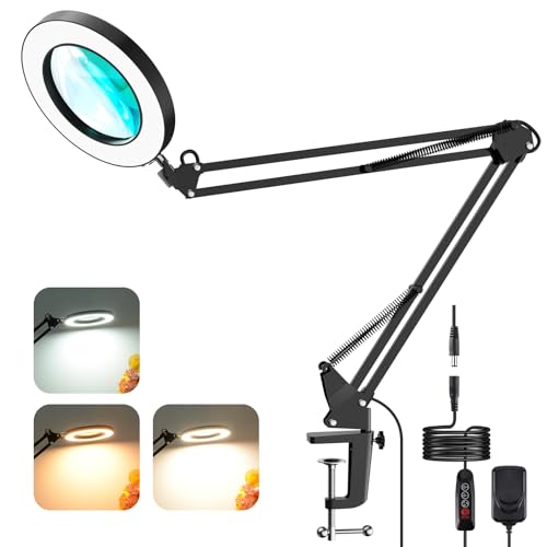 Lampada Da Scrivania Ingrandente Led 5X, Lampada Con Lente D'Ingrandimento Estetista,Braccio Orientabile,Lampada Da Tavolo Con Pinza 3 Modalità Colore