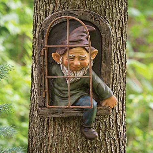 Rp Garden Gnomo Statua, Gnomo Albero Finestra, Elfo Fuori Dalla Porta, Resina Giardino Figurines, Albero Abbracciatori Giardino Decor,Fata Giardino Or