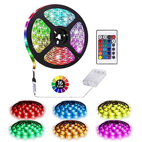 Strisce Led Alimentate A Batteria Con Telecomando Contenitore Batteria Impermeabile,16 Colori Striscia Flessibile Led Impermeabile 2M,Rgb 5050 Led Bia