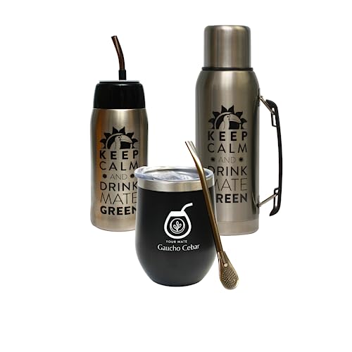 Gaucho Cebar Yerba Mate, Set Completo Di Accessori | Thermos Da 1 L Argento E Yerbomos 680 Ml Nero In Acciaio Inox Mate Tazza Da Tè In Termolide Tazza