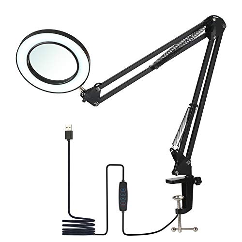 Lampada Da Tavolo Flessibile A Morsetto Con Lente D'Ingrandimento 8X Braccio Orientabile Led Dimmerabili, 3 Modalità Colore E 10 Livelli Di Luminosità