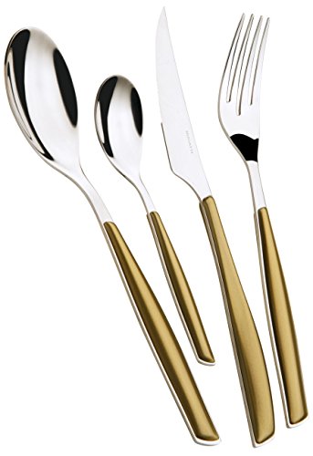Bugatti, Glamour, Set Posate 24 Pezzi In Acciaio Inox 18/10 E Manico Colore Oro. Set Posate 6 Persone Composto Da 6 Cucchiai, 6 Forchette, 6 Coltelli