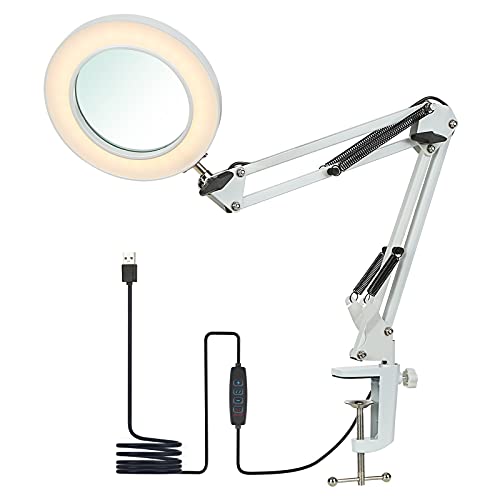 Lampada Da Tavolo Flessibile A Morsetto Con Lente D'Ingrandimento 8X Braccio Orientabile Led Dimmerabili, 3 Modalità Colore E 10 Livelli Di Luminosità