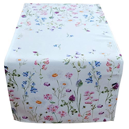 Raebel - Runner Da Tavola Da 40 X 90 Cm, Decorazione Da Tavola Per Pasqua E Per La Primavera, Bianco Con Fiori Di Campo Colorati