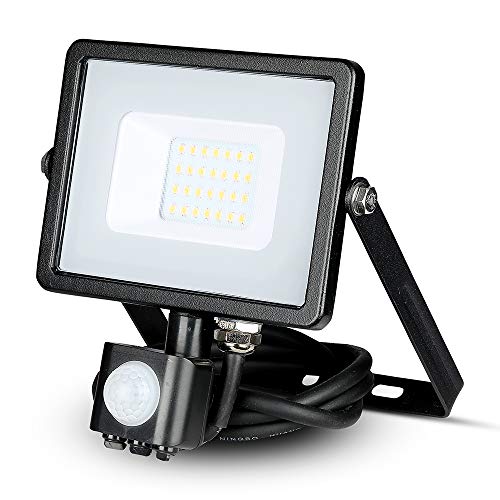 V-Tac Vt-20-S-W, Faro Led Chip Samsung 20W Con Sensore Di Movimento E Crepuscolare E Interruttore Manuale Di Bloccaggio Colore Nero 4000K Ip65