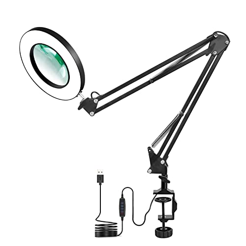 Lampada Con Lente D'Ingrandimento, 5X Lente Ingrandimento Da Tavolo Con Luce Per Scrivania Illuminata A 3 Colori, Braccio Orientabile Regolabile Lampa