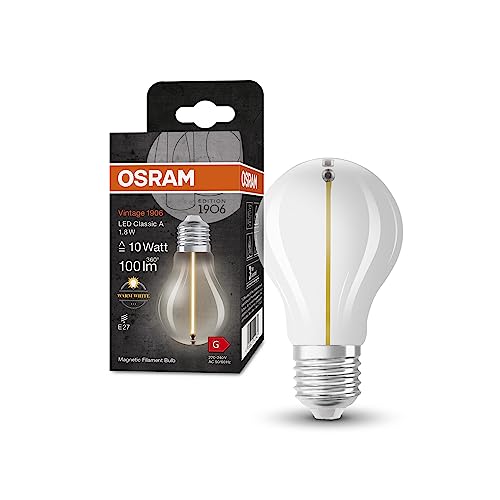 Osram Lampada Led Vintage 1906 Classic A Fil, E27, Goccia, Trasparente, 1.8W, 100Lm, 2700K, Luce Bianca Calda, Filamento Magnetico, Basso Consumo Ener