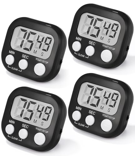 Birshe Timer Da Cucina 4 Pezzi Timer Nero Digitale Timer Piccolo Timer Con Magnetico E Supporto,Allarme Forte Conteggio Fino E Conto Alla Rovescia Tim