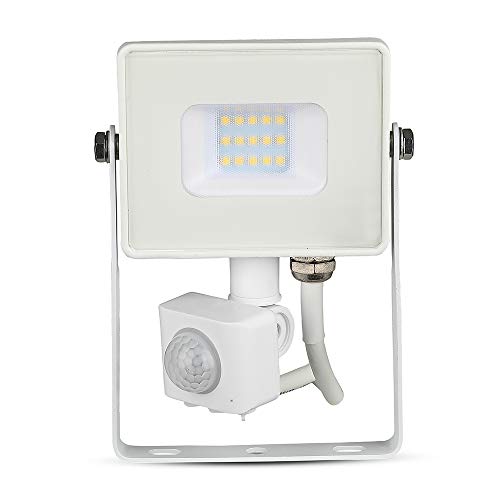 V-Tac, Vt-10-S-W, Faretto Led Da Esterno Con Sensore Di Movimento Per Luci Faretti Con Sensore Crepuscolare Chip Samsung 6400K Ip65 [Classe Di Efficie