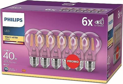 Philips Led Lampadina A Filamento, 6 Pz, 40W, Attacco E27, Luce Bianca Calda, Non Dimmerabile