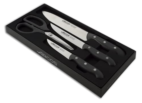 Arcos Serie Maitre, Set Di Coltelli 4 Pezzi (3 Coltello + 1 Forbici), Lama Acciaio Inossidabile Nitrum, Manico Polipropilene