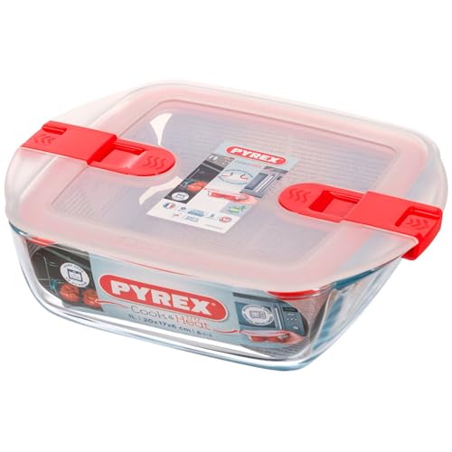 Pyrex Cook & Heat Contenitore Quadrato Per Alimenti In Vetro Borosilicato Con Coperchio Sfiatavapore Per Il Microonde – Cuocere In Forno, Conservare &