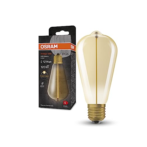 Osram Lampada Led Vintage 1906 Classic Edison Fil, E27, Oro, 2.2W, 120Lm, 2700K, Luce Bianca Calda, Filamento Magnetico, Basso Consumo Energetico, Lun