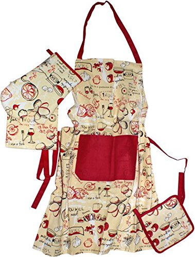 Blanco Raya Set Cucina Cotone Grembiule/Guanto Forno/Presina/Strofinaccio Bon Appetit