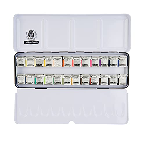 Schmincke - Akademie® Aquarell Scatola In Metallo, Assortimento Completo 24 X 1/2 Godet, 75 424 097, Colori Altamente Resistenti Alla Luce, Acquarelli