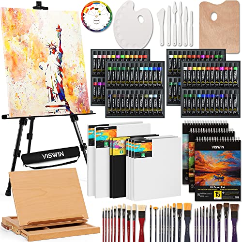 Viswin 148 Pezzi Kit Pittura Super Deluxe Con Cavalletto Da Tavolo E Da Campo, 96 Colori Ad Olio, Acquerello E Acrilici, Tela, Pennello, Set Pittura P