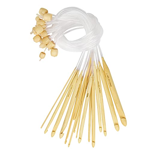 Curtzy Set Uncinetti Bamboo Con Cavo Plastica E Perla (16Pz) - Set Uncinetto Legno Tunisino Da 2 A 12 Mm - Kit Amigurumi Uncinetti Di Legno Per Maglie