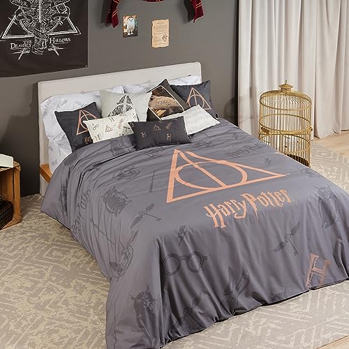 Funda Nórdica Con Botones 100% Algodón Modelo Deathly Hallows Para Cama De 135/140 (220X240 Cm)