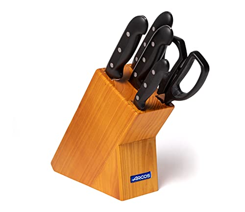 Arcos Serie Maitre, Set Di Coltelli 5 Pezzi (4 Coltello + 1 Forbici), Lama Acciaio Inossidabile Nitrum, Manico Polipropilene, Legno Di Caucciù