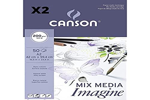 Confezione Da 2 Blocchi Incollati, A2, 100 Fogli, Canson Mix Media Imagine, Grana Fine 200 G