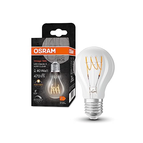 Osram Lampada Led Vintage 1906 Classic A Fil, E27, Goccia, Trasparente, 4.8W, 470Lm, 2700K, Luce Bianca Calda, Dimmerabile, Filamento Ultra Sottile, B