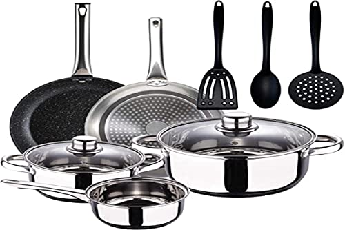 San Ignacio Cassel, Batteria Da 5 Pezzi, 3 Utensili Da Cucina E Set 2 Padelle Ø20/Ø30 Cm Argento E Nero, Alluminio Forgiato, Antiaderente, Induzione