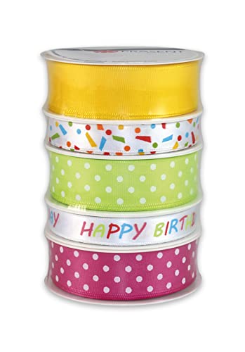 Präsent Compleanno Nastro Raso Multicolore, 5 Rocchetti Con Nastri In Vari Colori, Lungh. 3 M, Largh. Diverso, Nastri Decorativi Tessuto Per Fiocchi E
