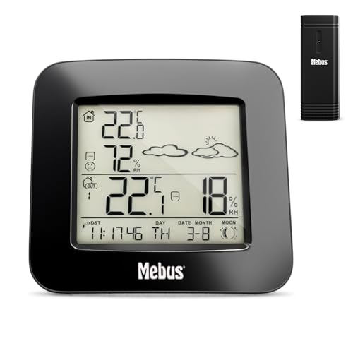 Mebus Funk-Wetterstation Mit Außensensor Thermometer Hygrometer Wettervorhersage Mondphasen Wettertrend, Alarm Mit Weckwiederholung, Kalender/Material