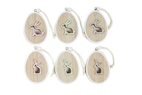 Heitmann Deco Ostereier Aus Holz Mit Osterhase Zum Aufhängen - Osterdeko, Frühlingsdeko, Holzdeko - 6Er Pack - Natur-Grau, Pink, Grün
