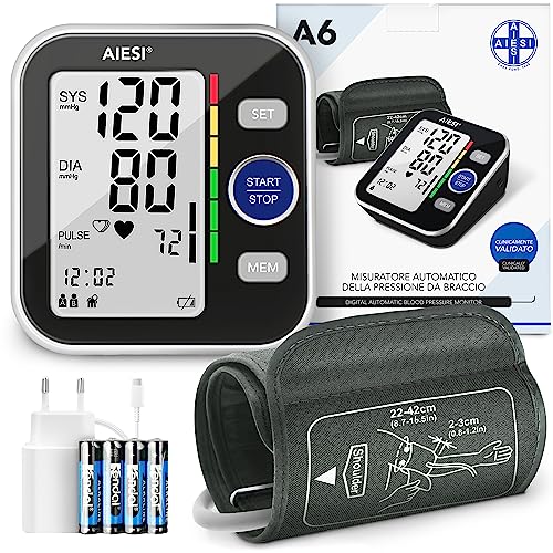 Aiesi® Misuratore Di Pressione Da Braccio Professionale Digitale Automatico Per Adulti A6, 120 Memorie, Alimentatore Di Rete E Usb, Garanzia Italia 24