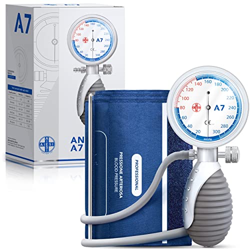 Aiesi® Sfigmomanometro Manuale Professionale Aneroide Modello Palmare Per Adulti Aneroid A7, Impugnatura Orientabile, Garanzia Italia 24 Mesi