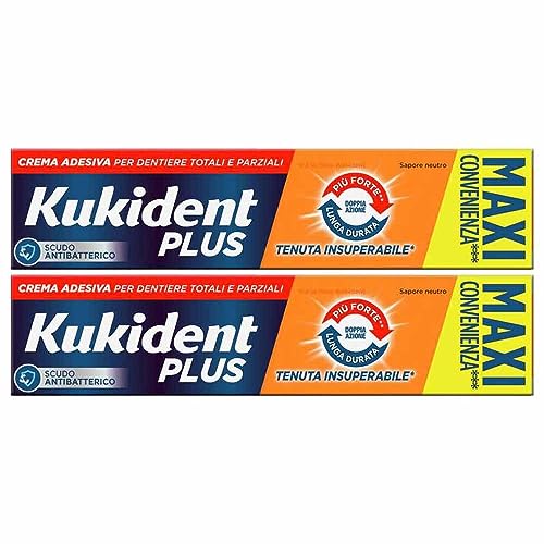 Kukident Plus Doppia Azione Maxi Crema Adesiva Dentiere Totali Parziali, 2X65G