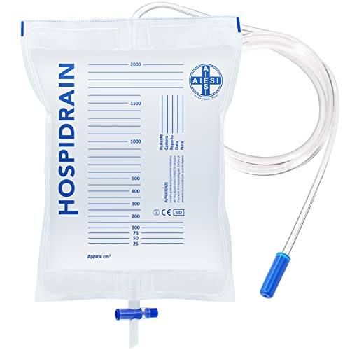 Aiesi® Sacche Per Urina Da Letto 2 Litri Tubo 120 Cm Con Rubinetto Di Scarico A Croce (T) E Valvola Antireflusso Hospidrain (Confezione Da 25 Pezzi)