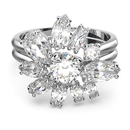 Swarovski Gema Anello Cocktail Fiore, Con Zirconiaswarovski A Taglio Misto E Doppia Fascia, Placcato In Tonalità Rodio, Taglia 55, Bianco