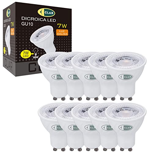 Clar - Lampadine Led Gu10 3000K 7W, Lampadine Gu10, Lampade Led Gu10, Kit Lampadine A Led Casa, Faretti Led Gu10 Luce Calda (3000ºk) (Pack 10)