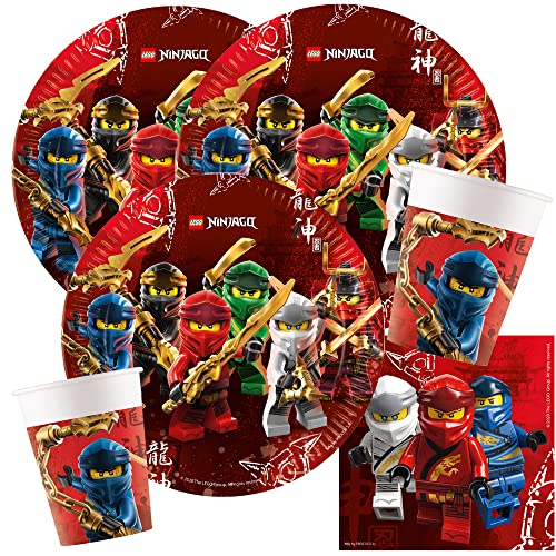 Set Da 44 Pezzi – Ninja – Piatto Ninjago – Bicchieri Tovaglioli + Cannucce Di Carta Per 8 Bambini