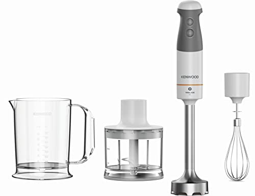 Kenwood Frullatore Ad Immersione Hbm40.302Wh, Sistema Triblade Con 3 Lame, 1 Velocità+Turbo, Asta In Metallo Lunga 20 Cm, Inclusi Frusta A Filo, Bicch