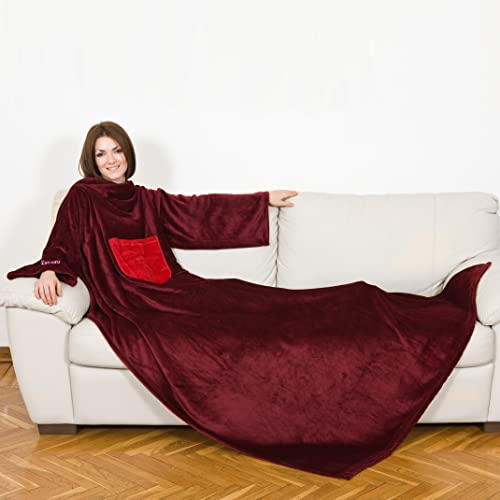 Coperta Maniche Bordeaux, Soffice Plaid Maniche, Coperta Con Maniche, Coperta In Pile, Microfibra, Con Tasca Centrale, Singolo, 180X140Cm, Pile Donna,