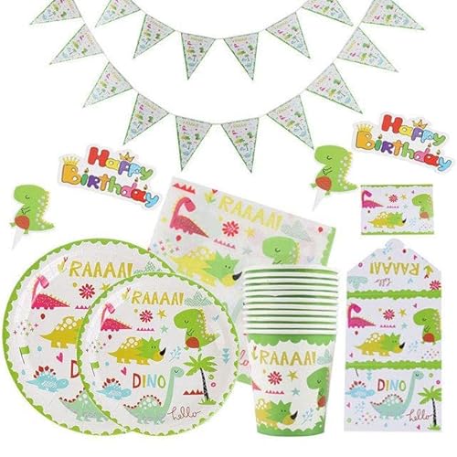 Set Compleanno Dinosauri Per 10 Persone Completo Di: 10 Piatti, 10 Piattini Dessert, 10 Tovaglioli, 1 Tovaglia 108X180, 10 Bicchieri, 1 Festone, 10 Ca