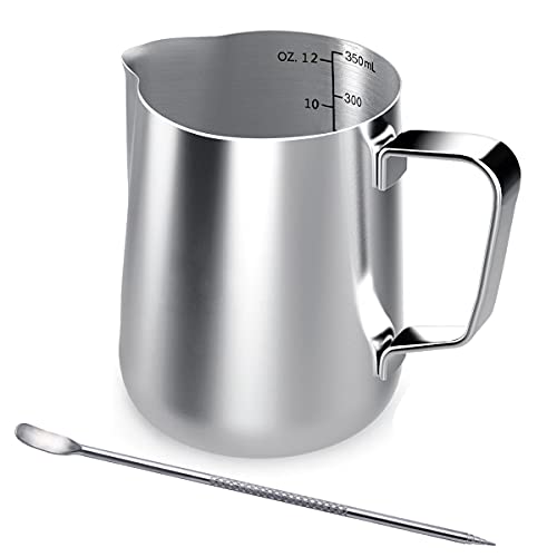 Jarra De Leche, Espumador De Mano De Acero Inoxidable De 350 Ml, Crema De Café, Jarra De Espumador De Leche Taza Con Marca De Medición Y Bolígrafo Lat