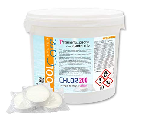 Pool Care Chlor 200 5Kg-Cloro Pastiglie Piscina Cloro In Pastiglie Blisterate Da 200Gr. (Tricloro 90/200) Attivo Al 90% Sanificante A Lenta Dissoluzio